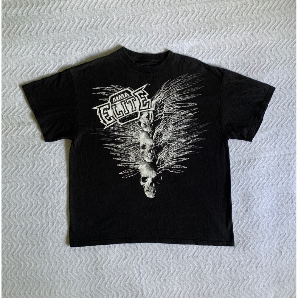 Y2K VTG MMA Elite Black Winged Skull Mens graphic t‎ Grunge streetwear Sz XL